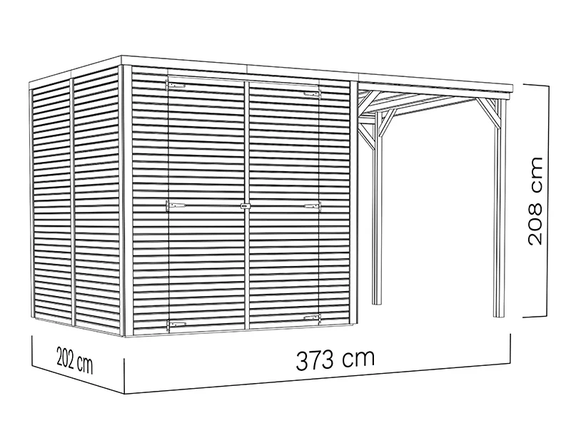 Redskabsskur i træ m/udhæng, Bertilo Cubico 3Plus, 3,73x2,02x2,08m, 4,3m²+1,5m², Natur - Image 5