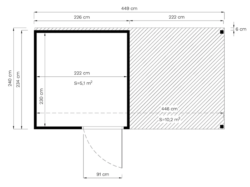 Redskabsskur i træ m/udhæng, Bertilo Cubus 2L, 4,49x2,34x2,32m, 5,1m²+ 5,15m², Grå - Image 6