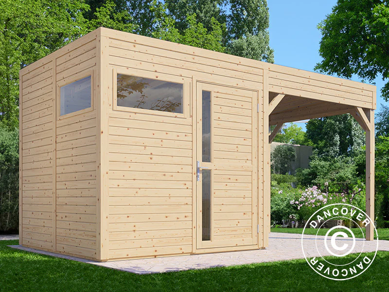 Redskabsskur i træ m/udhæng, Bertilo Cubus 2L, 4,49x2,34x2,32m, 5,1m²+5,15m², Natur