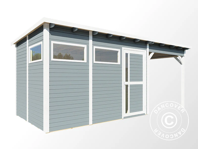 Redskabsskur i træ m/udhæng, Bertilo Pentus 3L, 5,58x2,34x2,33m, 7,65m²+5,15m², Grå - Image 3