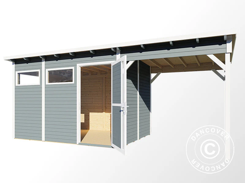 Redskabsskur i træ m/udhæng, Bertilo Pentus 3L, 5,58x2,34x2,33m, 7,65m²+5,15m², Grå - Image 4
