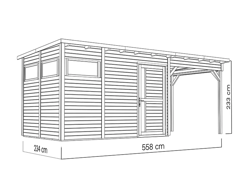 Redskabsskur i træ m/udhæng, Bertilo Pentus 3L, 5,58x2,34x2,33m, 7,65m²+5,15m², Grå - Image 6