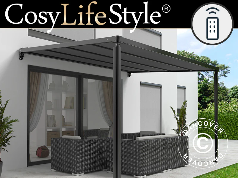 Terrasseoverdækning, vægmonteret pergola Santa Ynez, 4x3m, Sort/Mørkegrå