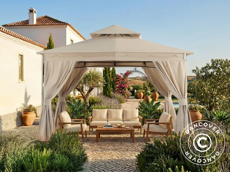 Pavillon Horus med gardiner, 3,4x3,4m, Beige