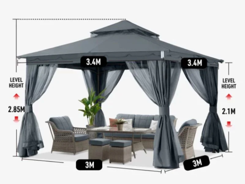 Pavillon Horus med gardiner, 3,4x3,4m, Grå - Image 8