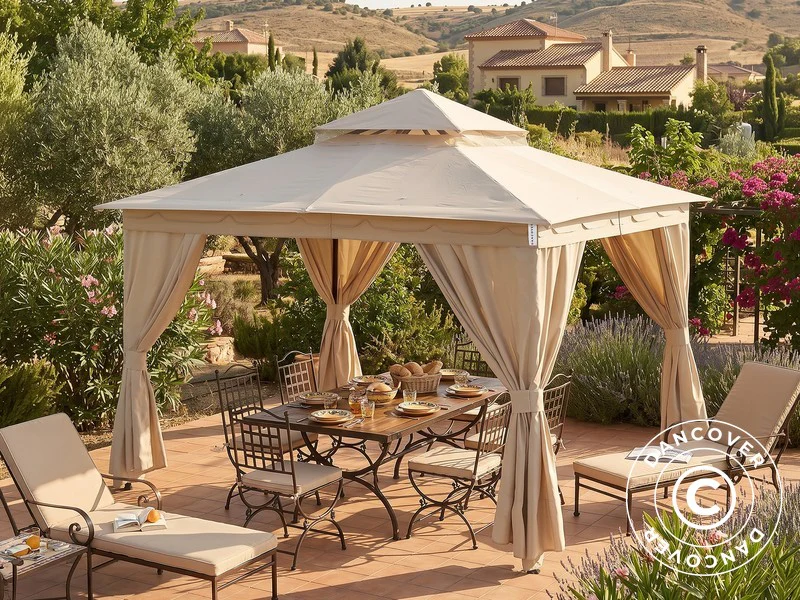 Pavillon Horus med gardiner, 3x3,7m, Beige