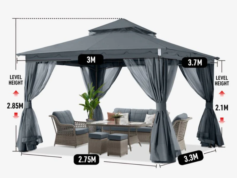 Pavillon Horus med gardiner, 3x3,7m, Grå - Image 8