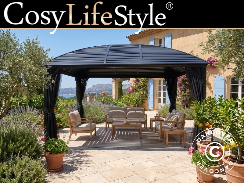 Pavillon San Jose Steel+ med gardiner og myggenet, 3x4m, Sort