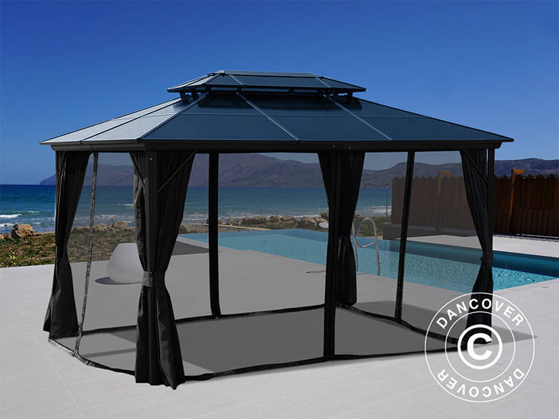 Pavillon Santa Ana Alu+ m/sidevægge og myggenet, 3x4m, Sort - Image 11
