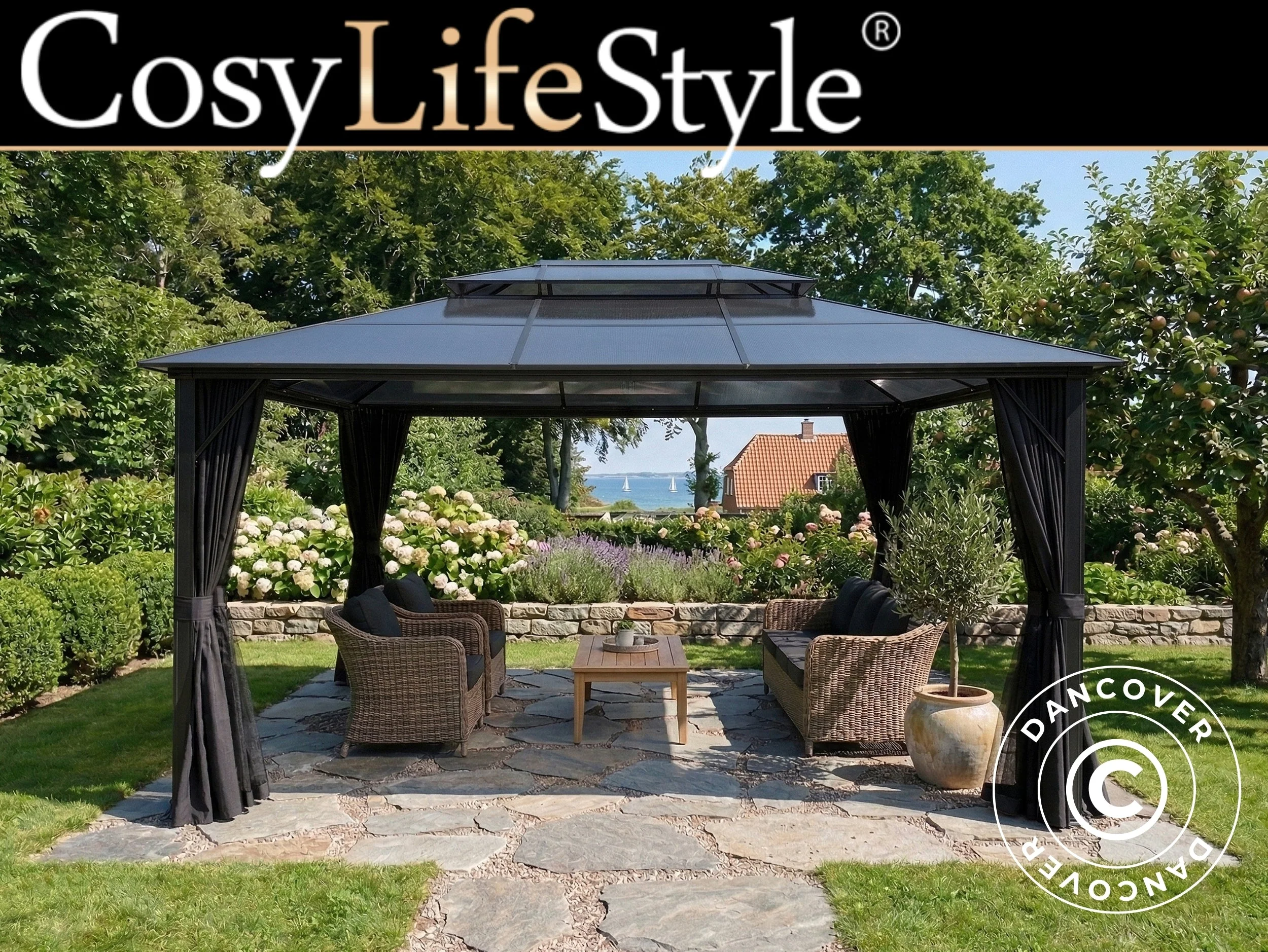 Pavillon Santa Ana Steel+ med gardiner og myggenet, 3,65x4,85m, Sort