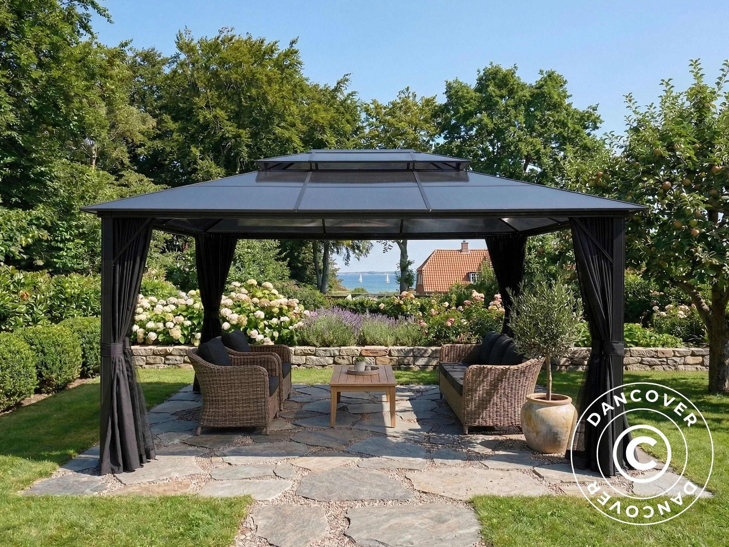 Pavillon Santa Ana Steel+ med gardiner og myggenet, 3,65x4,85m, Sort - Image 2