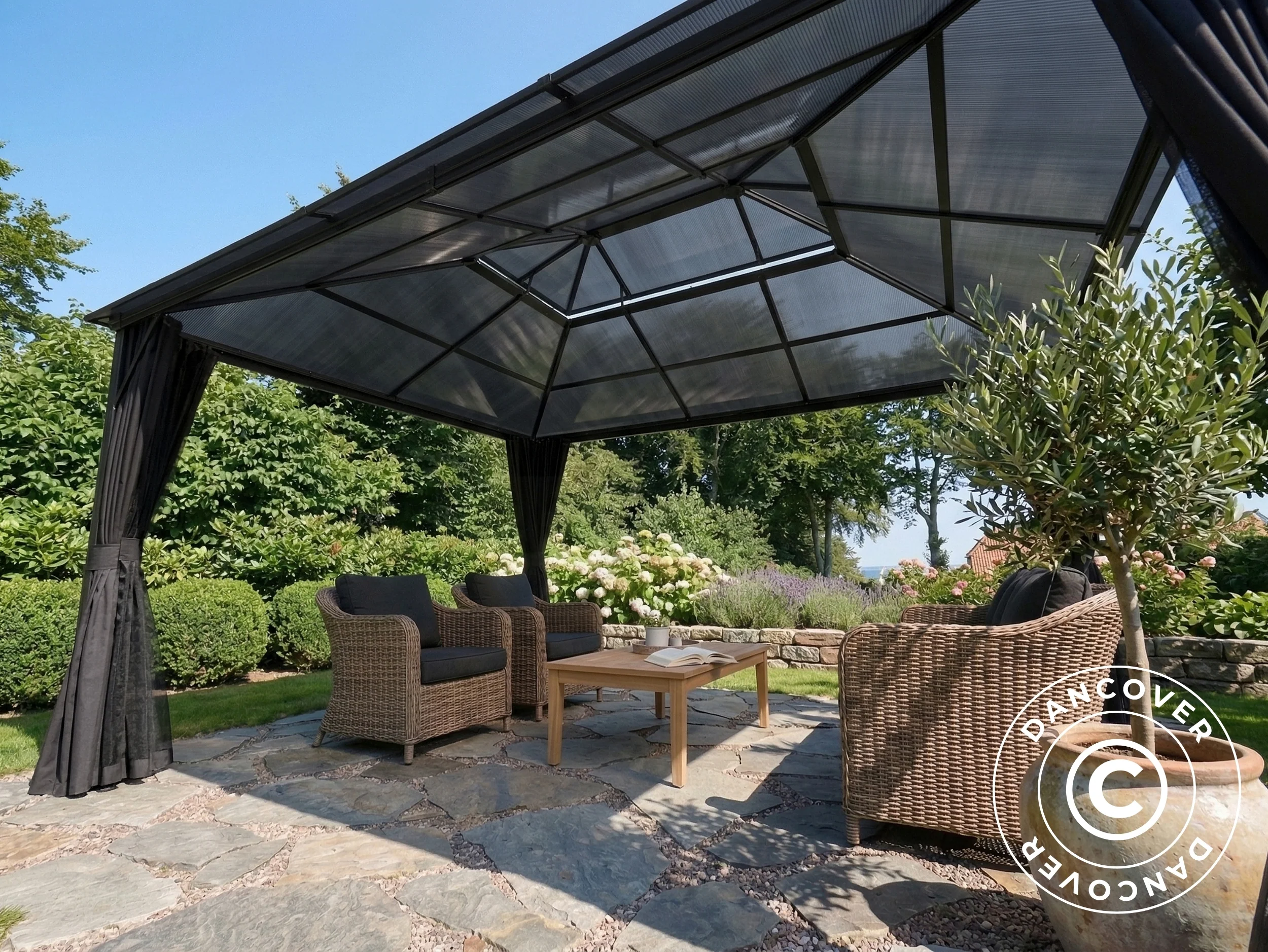 Pavillon Santa Ana Steel+ med gardiner og myggenet, 3,65x4,85m, Sort - Image 3