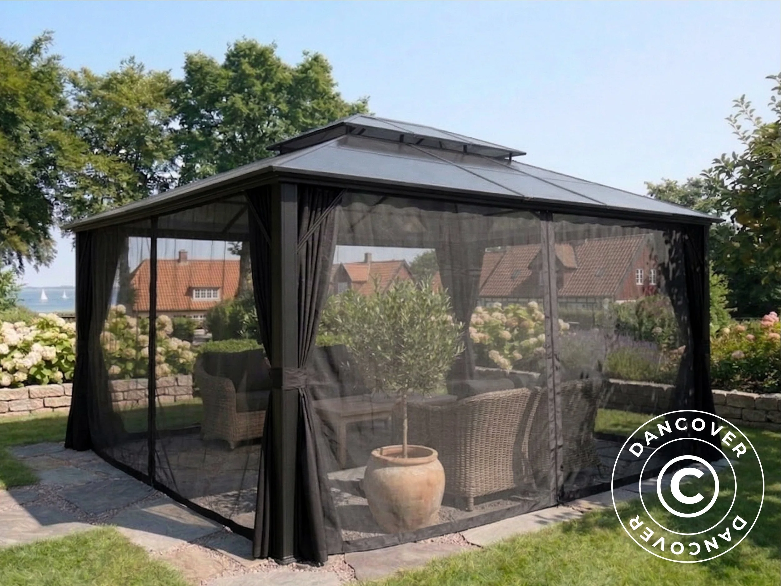 Pavillon Santa Ana Steel+ med gardiner og myggenet, 3,65x4,85m, Sort - Image 5