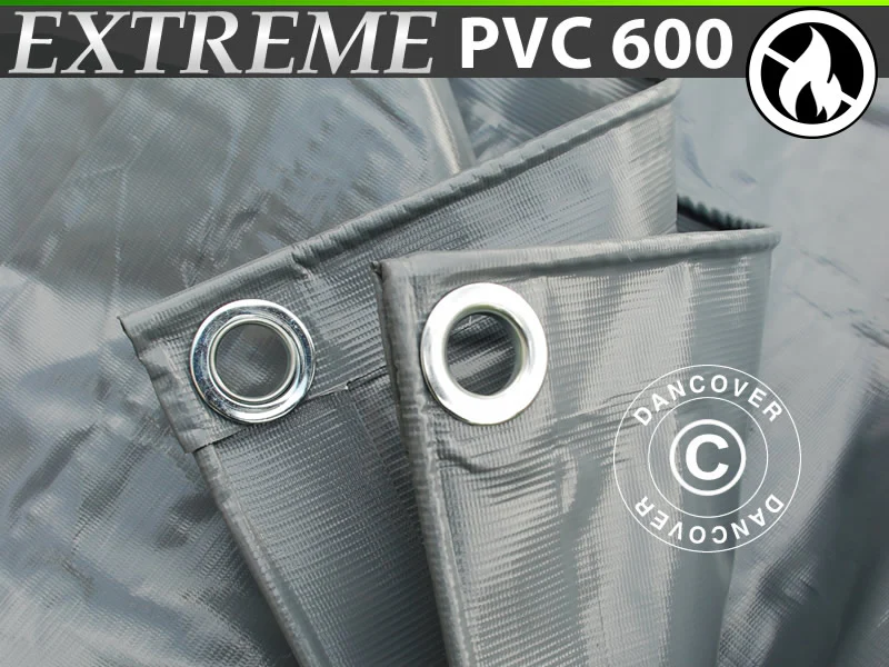 Presenning 8x14m, PVC 600g/m², Grå, Brandhæmmende