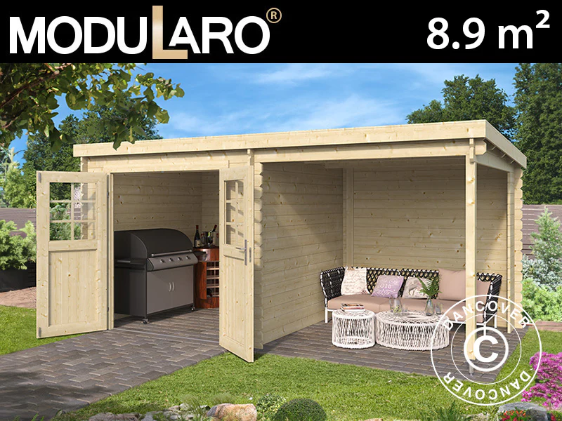 Redskabsskur i træ Lahti m/udhæng 4,24x2,2x2m, 28mm, 8,9m², Natur