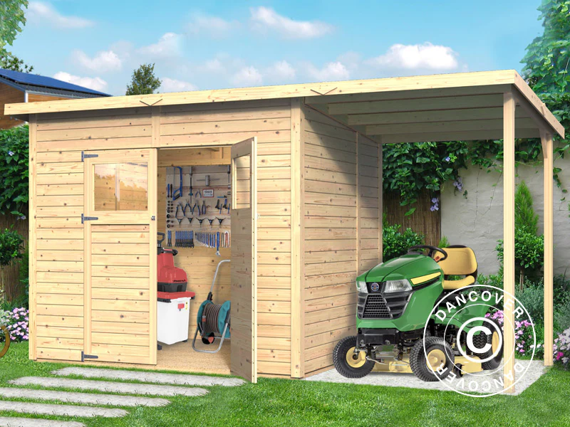 Redskabsskur i træ m/udhæng, Bertilo Amrum 3 Plus, 3,86x1,8x2,1m, 2,78m² + 4,16m²