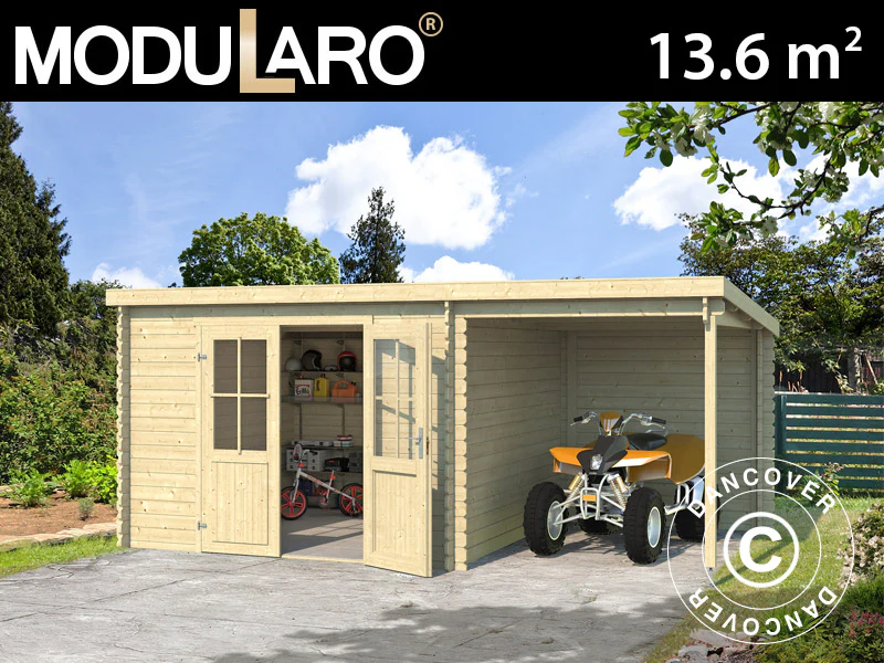 Redskabsskur i træ Tartu m/udhæng 4,81x2,92x2,11m, 28mm, 13,6m², Natur