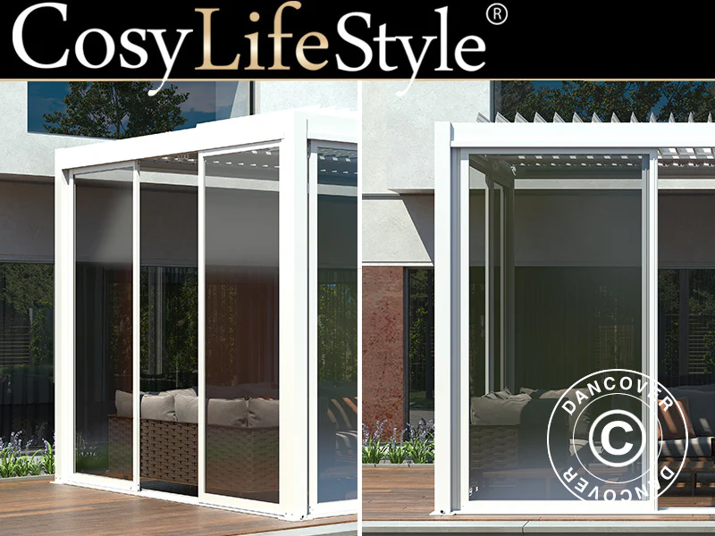 Skydedør m/glas til pergola pavillon San Pablo, 3m, Hvid