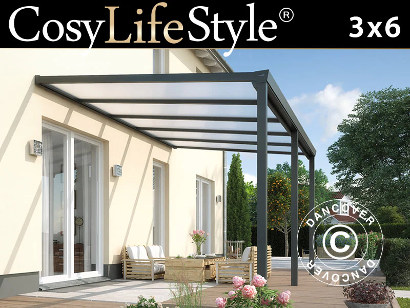 Terrasseoverdækning Easy m/polycarbonattag, 3x6m, Antracit